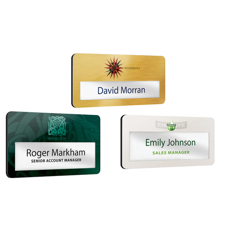 Metal faced reusable name window badges Redrok